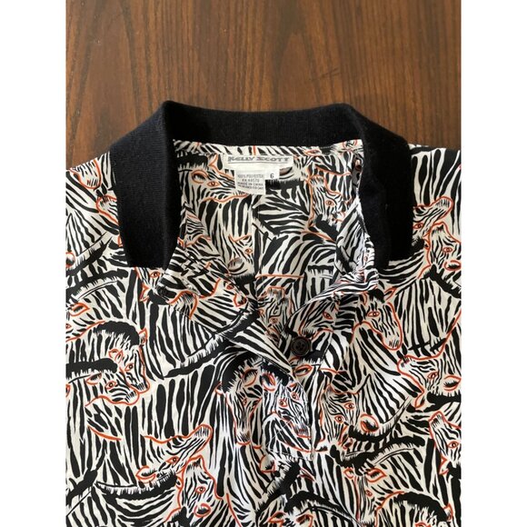 Vintage Kelly Scott Zebra Print Black Collar Womens Polo Blouse Shirt sz 6 - Picture 4 of 11